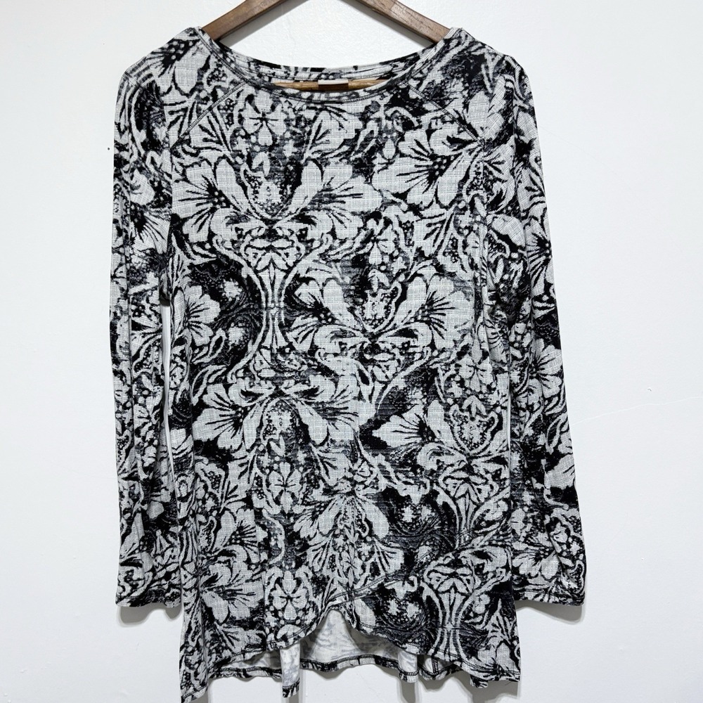 Chicos Zenergy Tunic Womens 12 L Navy Floral Long Sleeve Stretch Knit Relaxed
